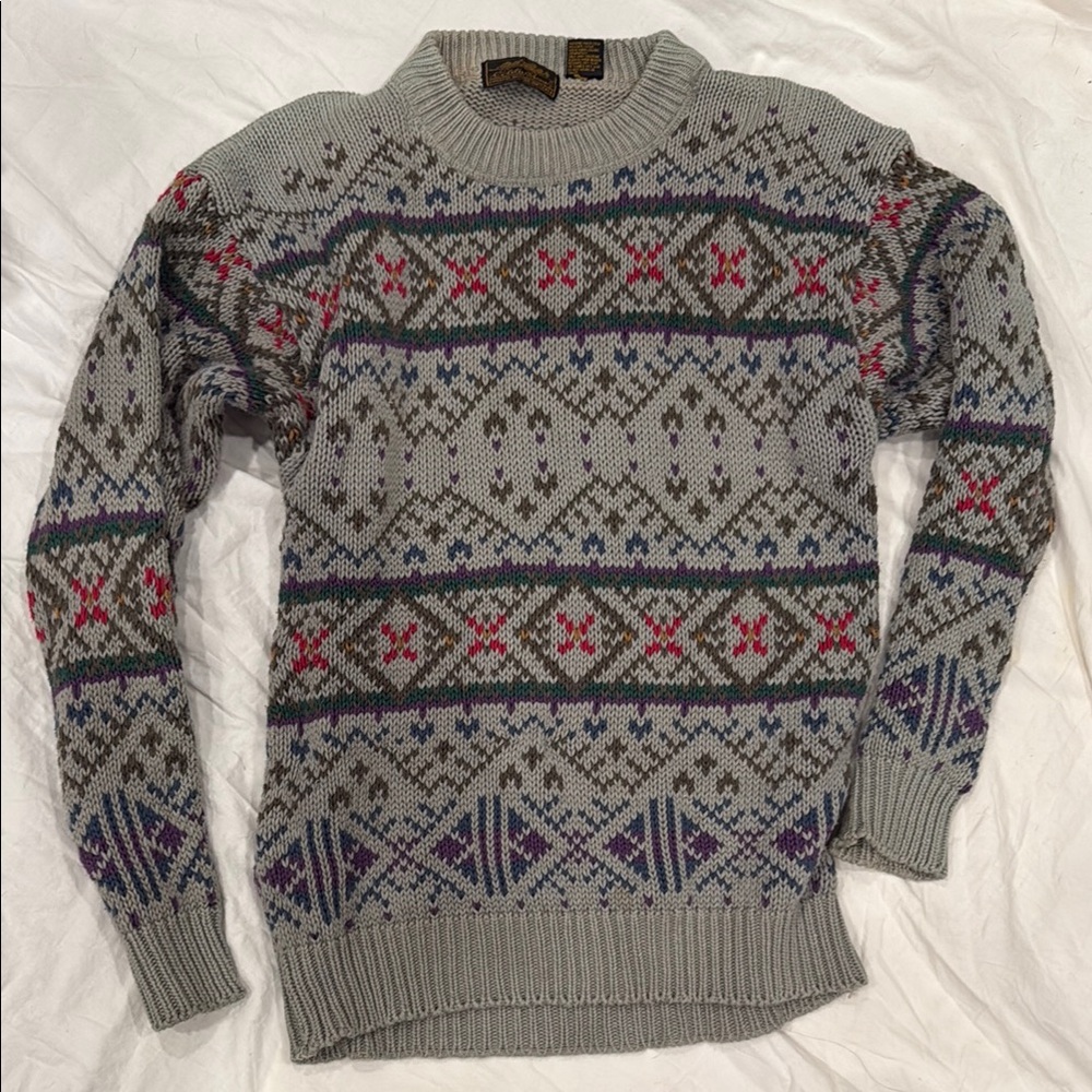 Eddie Bauer Gray and Red Patterned Crewneck Sweater